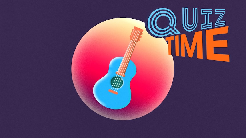 Graphic of brightly coloured guitar inside colourful orb.