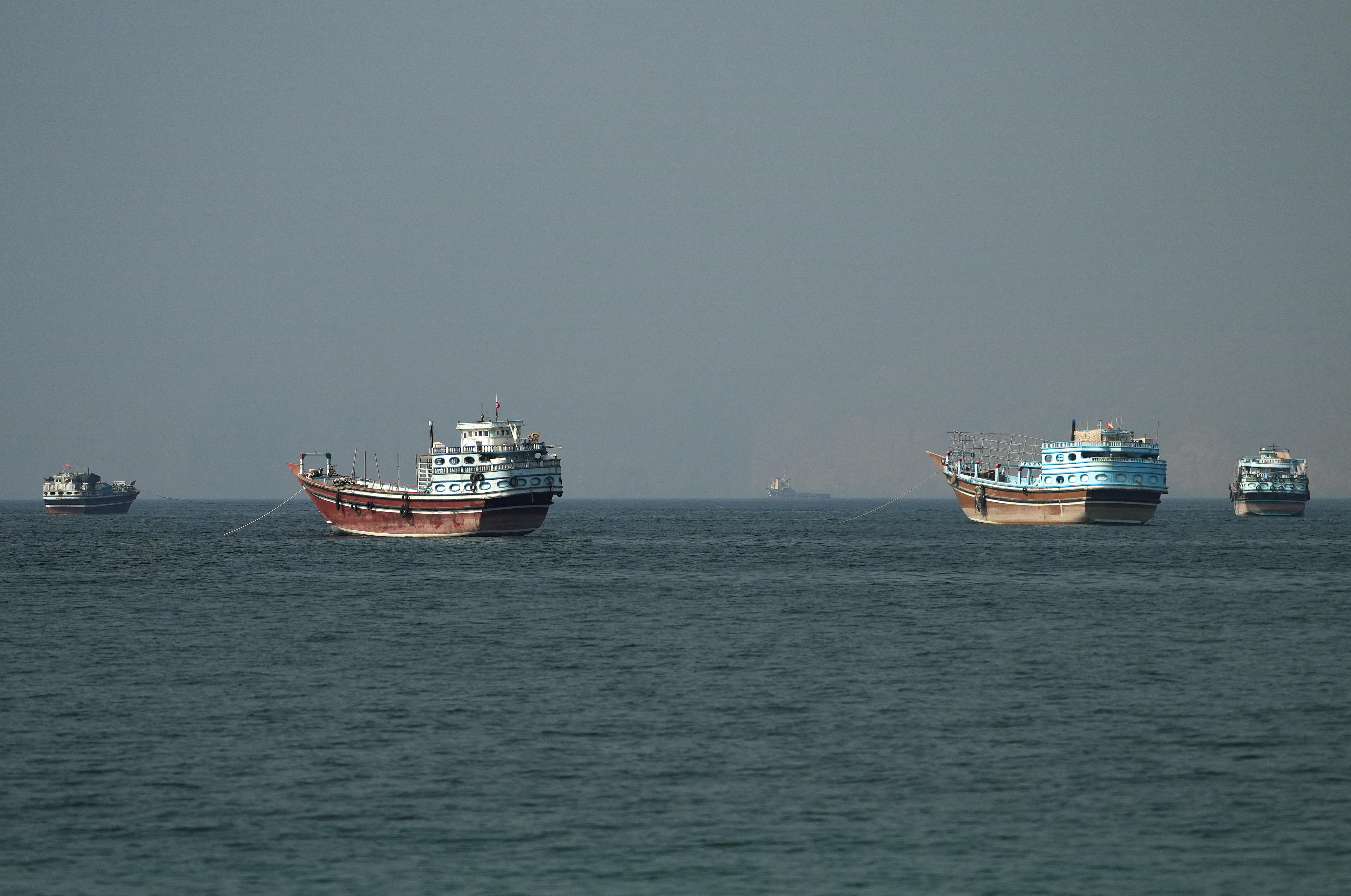 Vessels at the Strait of Hormuz, as seen from Musandam, Oman. 