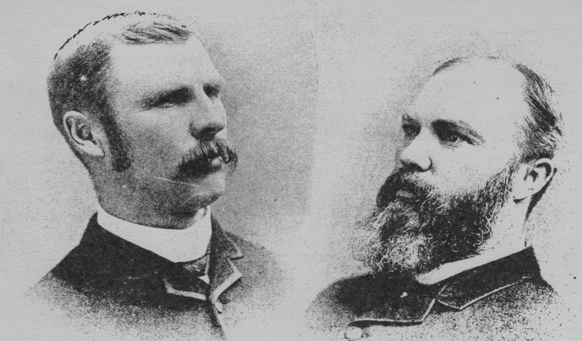 Two grainy, old, black and white photos of two smart men, one with a moustache and one with full beard.