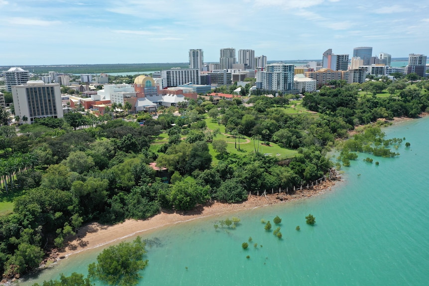 An aerial view of Darwin Harbour and the Darwin CBD.