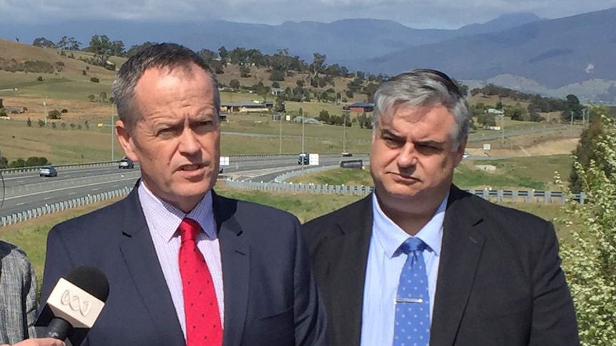 Opposition leader Bill Shorten talks to media near the Midland Highway