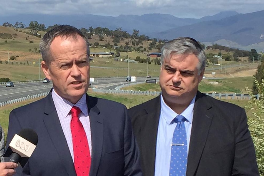 Opposition leader Bill Shorten talks to media near the Midland Highway