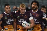 Brisbane Broncos celebrate a Jack Reed try against Canberra