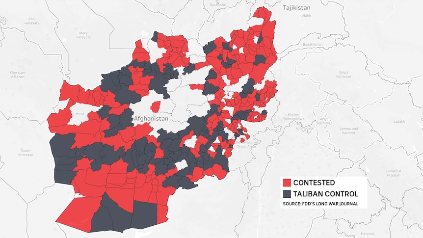 A map shows a patchwork of control between Taliban and government forces.