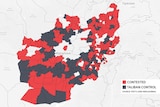 A map shows a patchwork of control between Taliban and government forces.