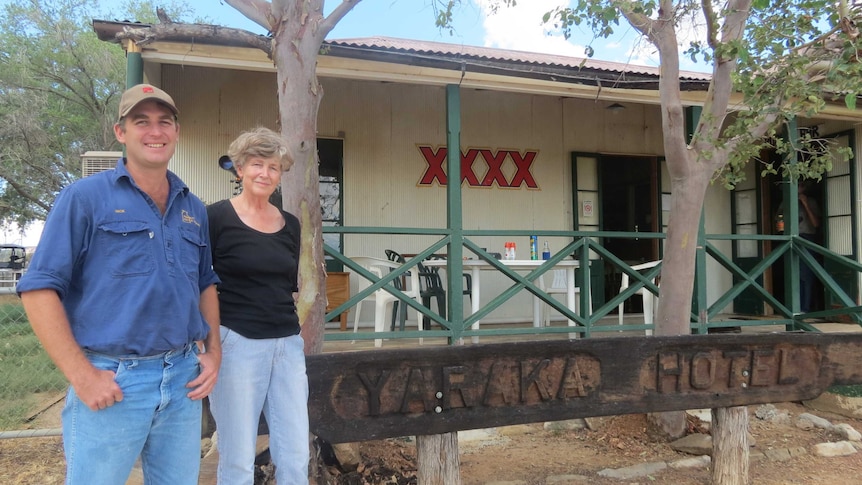 Nicholas Gimblett and his mum Gerry outside the Yaraka pub