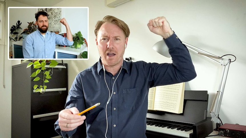 A conductor with his fist raised inspiringly in the air teaches the art of gesture to an online student.