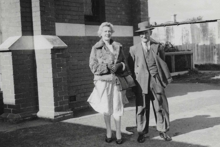 Janet and Jean Berthe walking together, circa early 1950s.