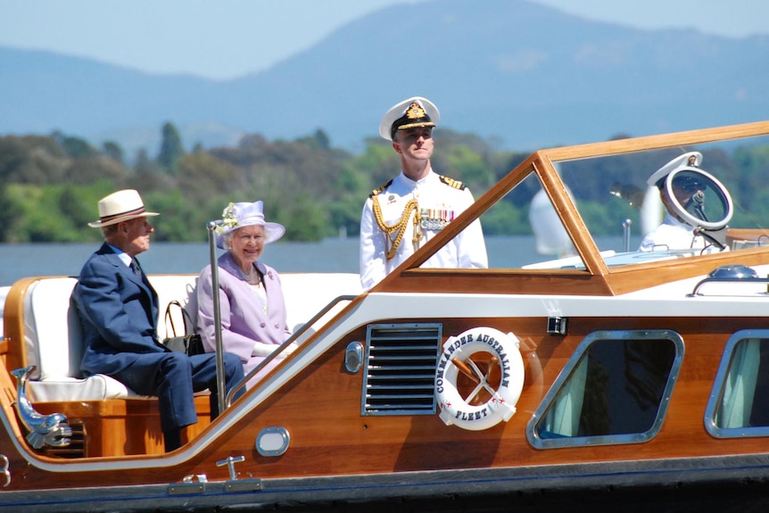 The Queen and The Duke of Edinburgh en route on Lake Burley Griffin