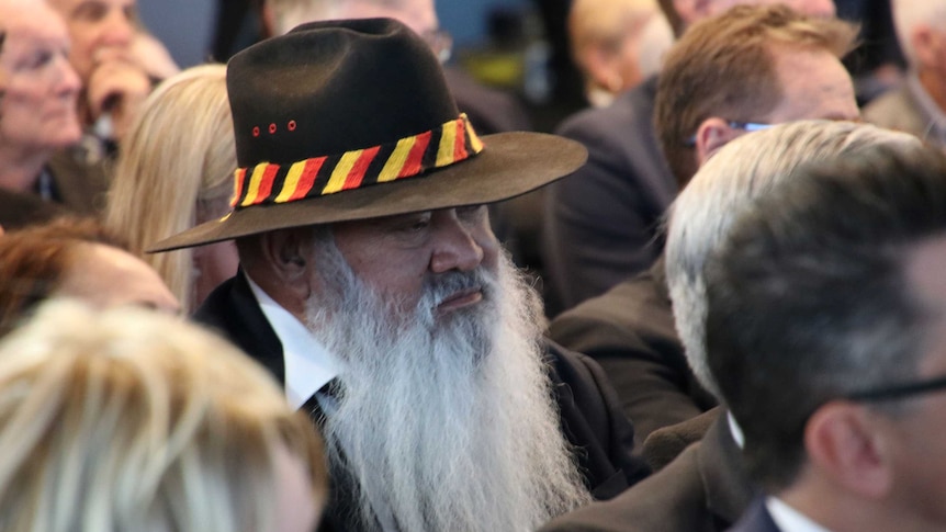 Headshot of Pat Dodson seated in a crowd wearing a hat adorned with a yellow, black and red band.