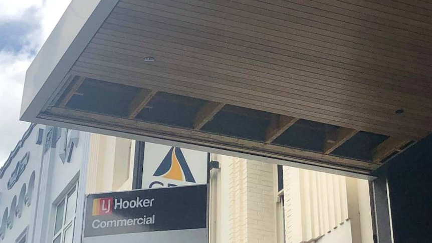 Hobart Myer outside roof with missing panels, January 2019.