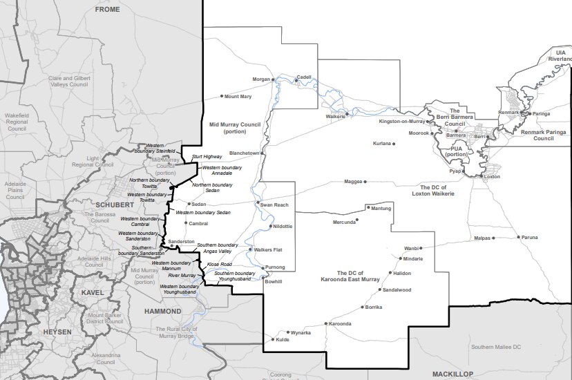 Map of towns in the newly expanded Chaffey electorate in South Australia