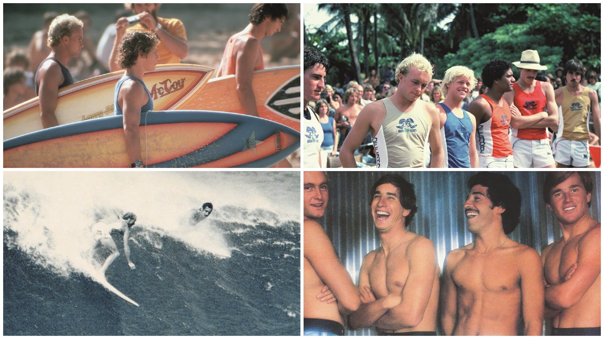 Collage of four: surfers carrying boards; men in singlets, shorts, in front of palm; two men surfing; four topless men laugh.