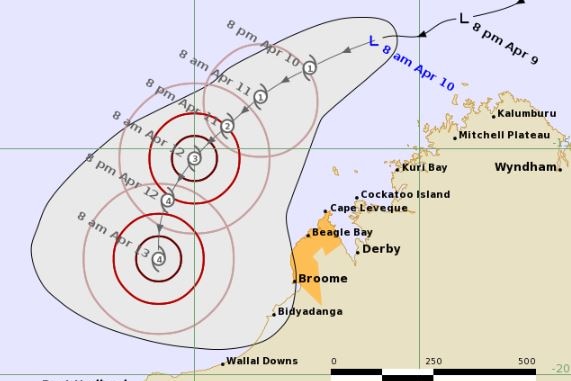 The track map as of 10th April 2023 has the cyclone reaching category 4 by Wednesday.