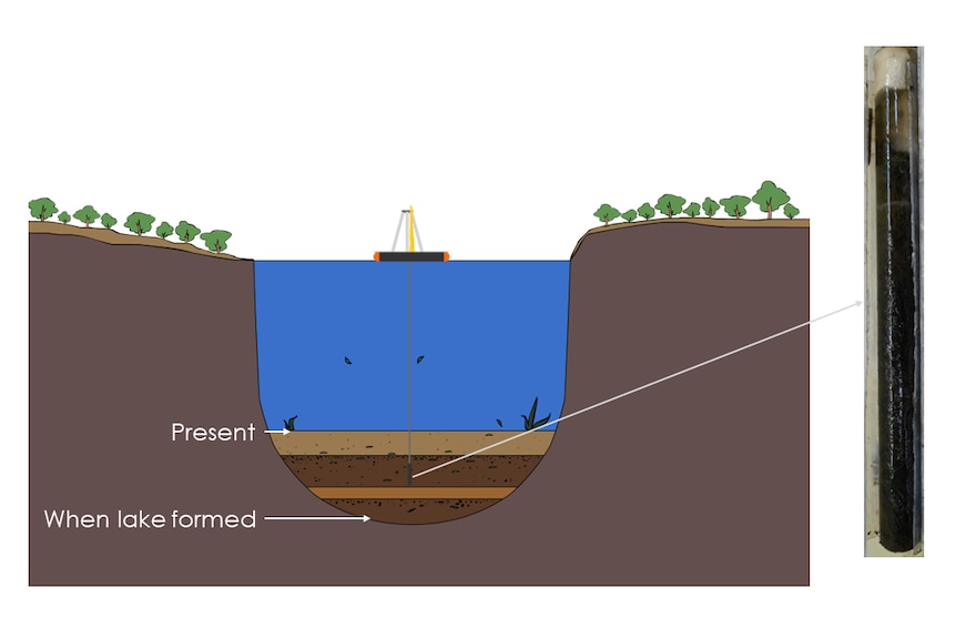A diagram of a lake with a boat floating on the surface and layers of mud in the lake bed. A sample of dark mud is on the right