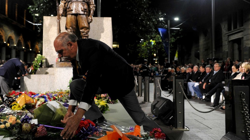 A wreath is laid at the ANZAC Day dawn service in Sydney.