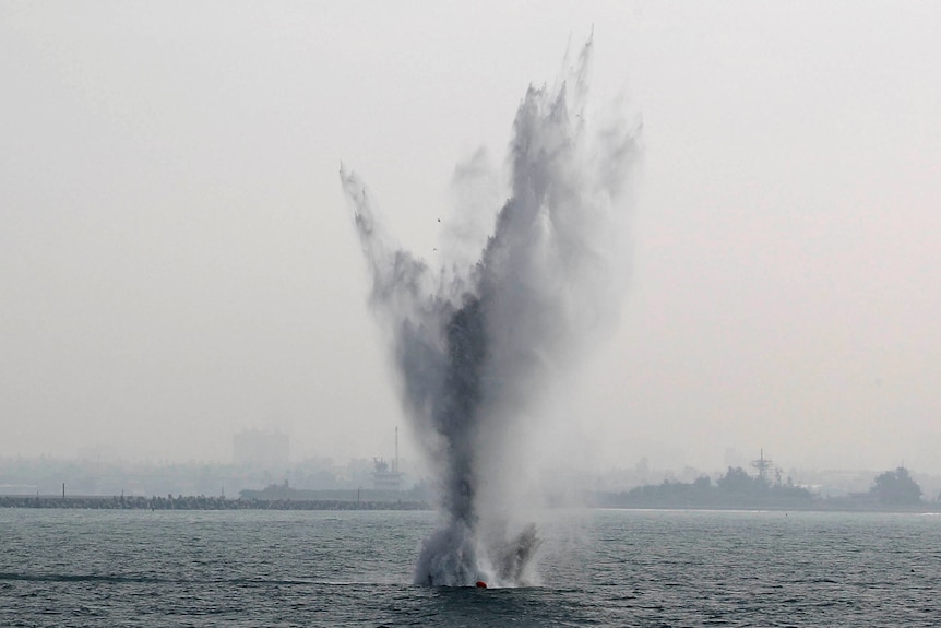 A training naval mine blasts during a military drill Taiwan.