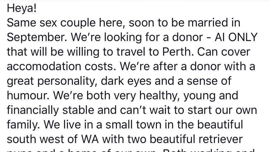 A screen shot of a facebook post where a same sex couple are looking for a sperm donor.