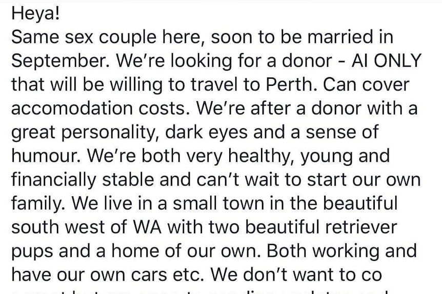 A screen shot of a facebook post where a same sex couple are looking for a sperm donor.