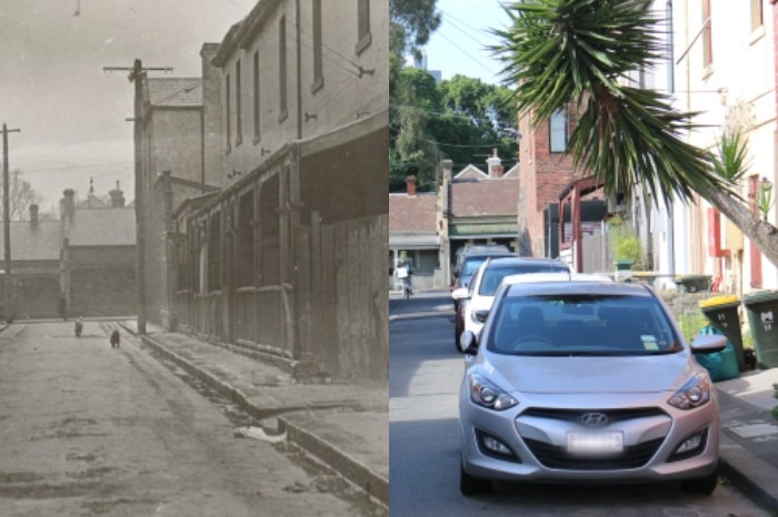 A composite image showing David St, Carlton in the 1930s and in 2020.