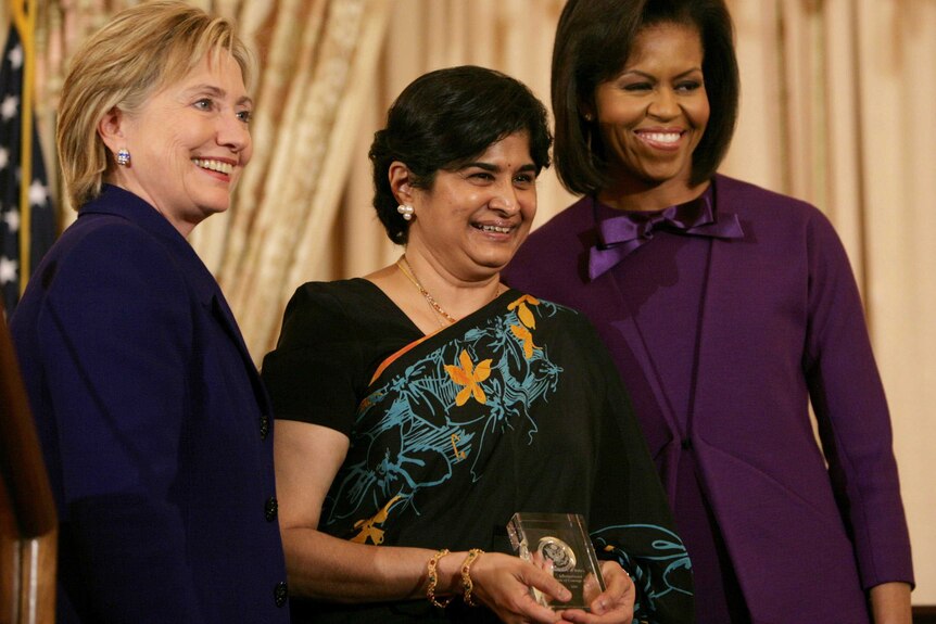 Malaysian activist Ambiga Sreenevasan pic with Hillary Clinton and Michelle Obama