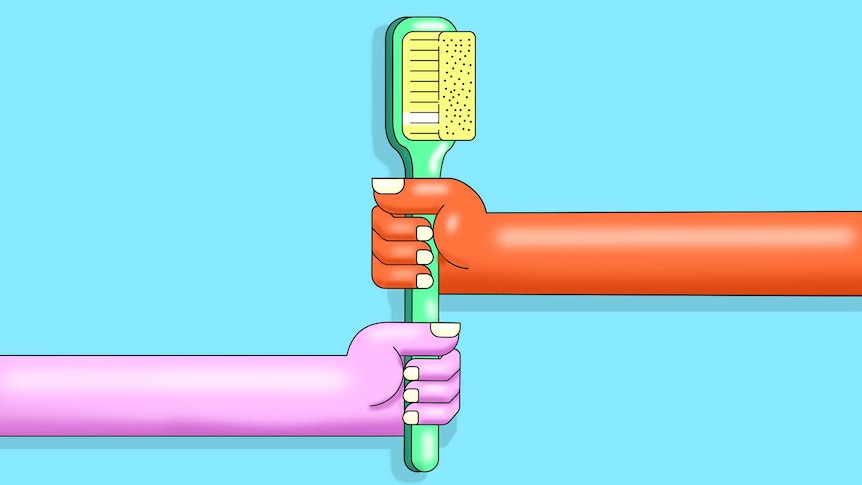 Illustration shows two hands holding onto a toothbrush
