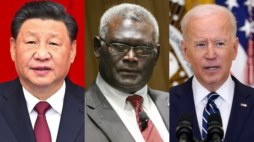 A composite image of three profiles of Xi Jinping, Manessah Sogavare, and Joe Biden.