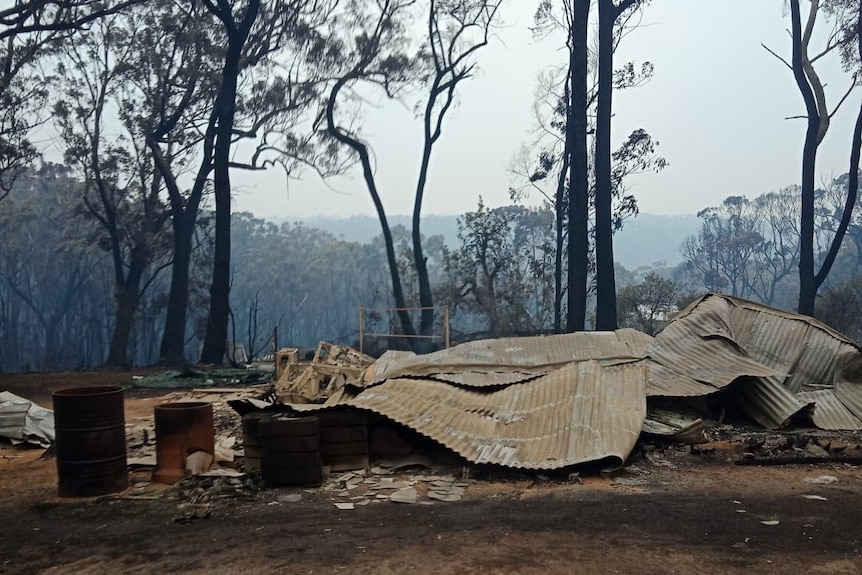 Twisted metal of a house and blackened bush from a bushfire.