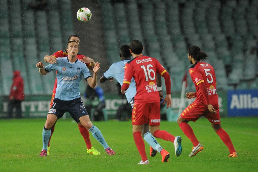 Marc Janko battles for possession against Adelaide