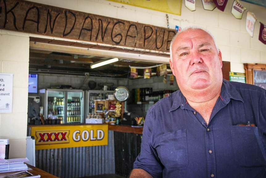 Publican Doug Greensill at the temporary Kandanga Hotel bar in March 2017
