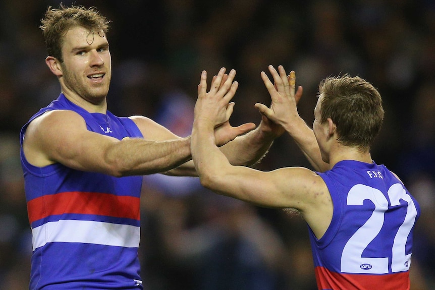 Stewart Crameri and Mitch Honeychurch celebrate a goal against North Melbourne