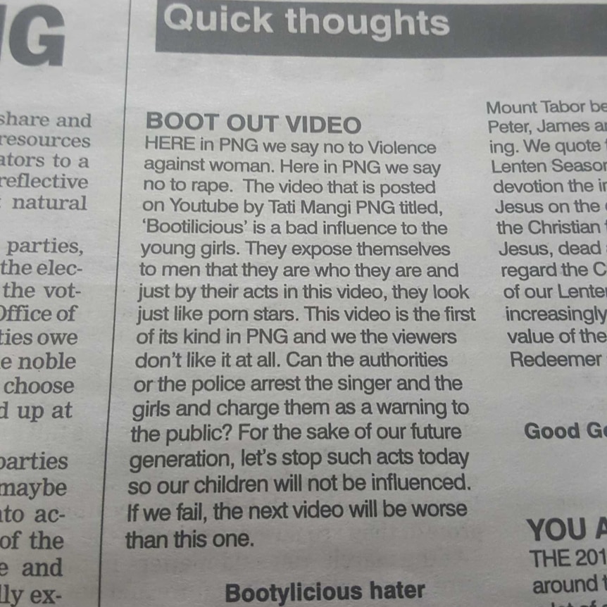 A letter to both national daily newspapers calling for Tati Mangi and his dancers to be arrested and charged.