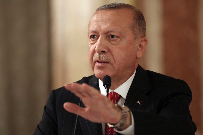 Turkish President Recep Tayyip Erdogan gestures with his left hand while speaking at a lectern and wearing a suit.