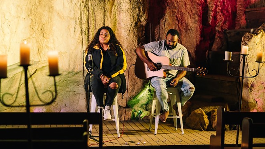Miiesha and Jeremy Marou performing live in the Capricorn Caves for ABC TV's The Sound
