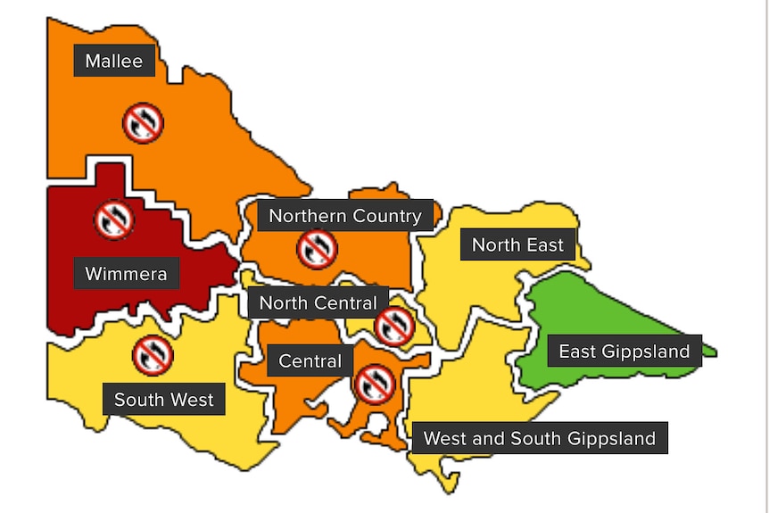 A map of Victorian regions being issued a fire ban.