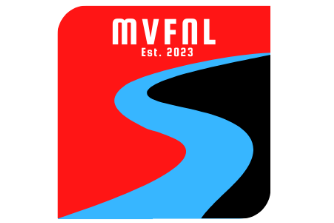 A logo with a red and black background and a blue river through it with the words Murray Valley Football and Netball League 