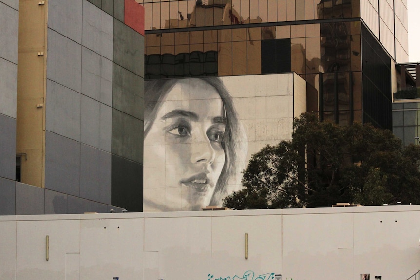 A mural peeks through a series of buildings in Perth