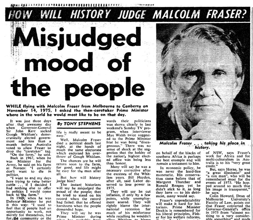 A newspaper clipping from 1983 shows the headline 'Misjudged the mood of the people' alongside a photo of Malcolm Fraser