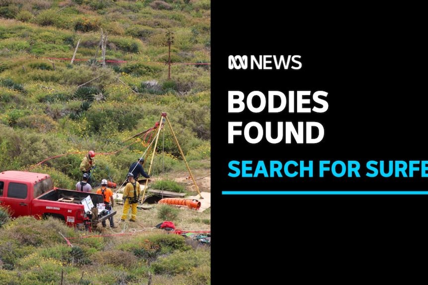 Bodies Found, Search for Surfers: Authorities in high-vis at a makeshift crane over a shaft.