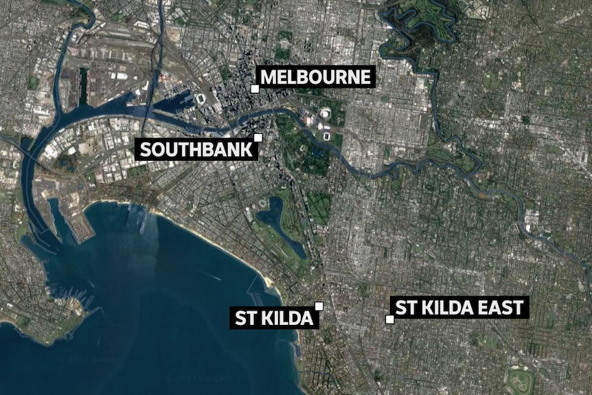 A graphic map of Melbourne, labelling Southbank, Melbourne CBD, St Kilda and St Kilda East.