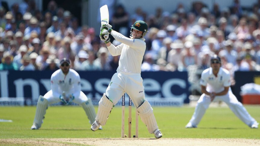 Phil Hughes thumps one away on day two of first Ashes TEst
