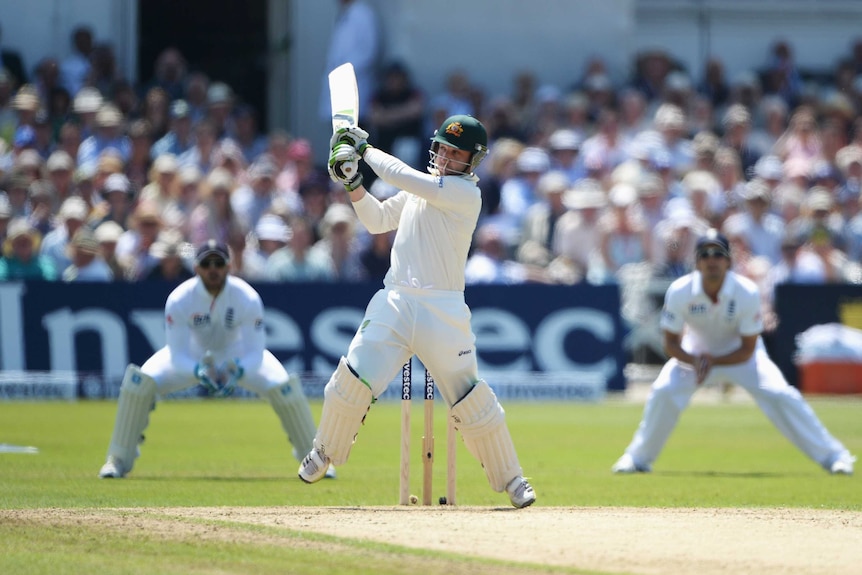 Phil Hughes thumps one away on day two of first Ashes TEst