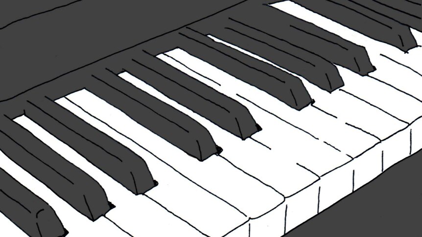 Line drawing of a piano in black and white