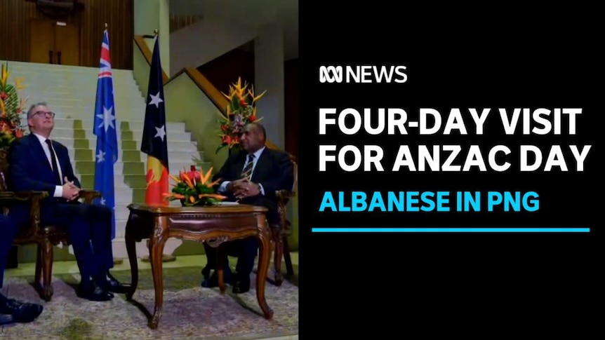 Four-Day Visit For ANZAC Day, Albanese in PNG: Anthony Albanese sitting with PNG Prime Minister for a diplomatic meetng.