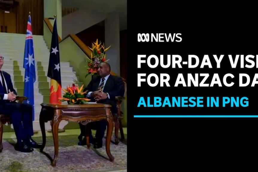 Four-Day Visit For ANZAC Day, Albanese in PNG: Anthony Albanese sitting with PNG Prime Minister for a diplomatic meetng.