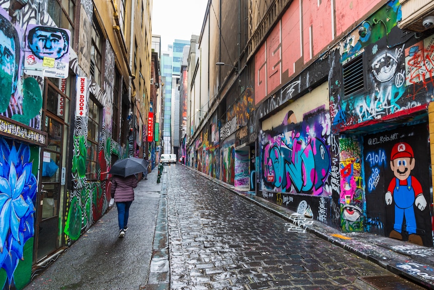 A Melbourne laneway in wet weather.