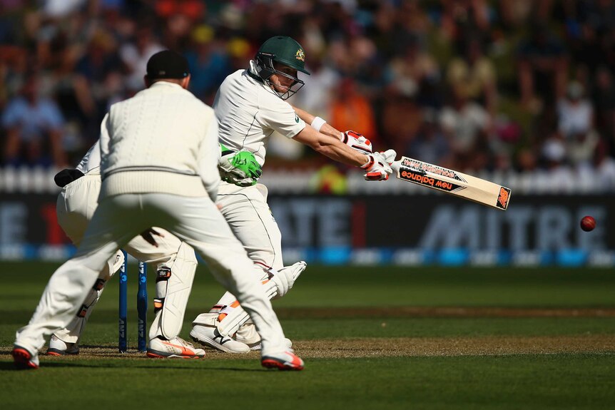 Australia's Steve Smith bats against New Zealand on day one in Wellington on February 12, 2016.