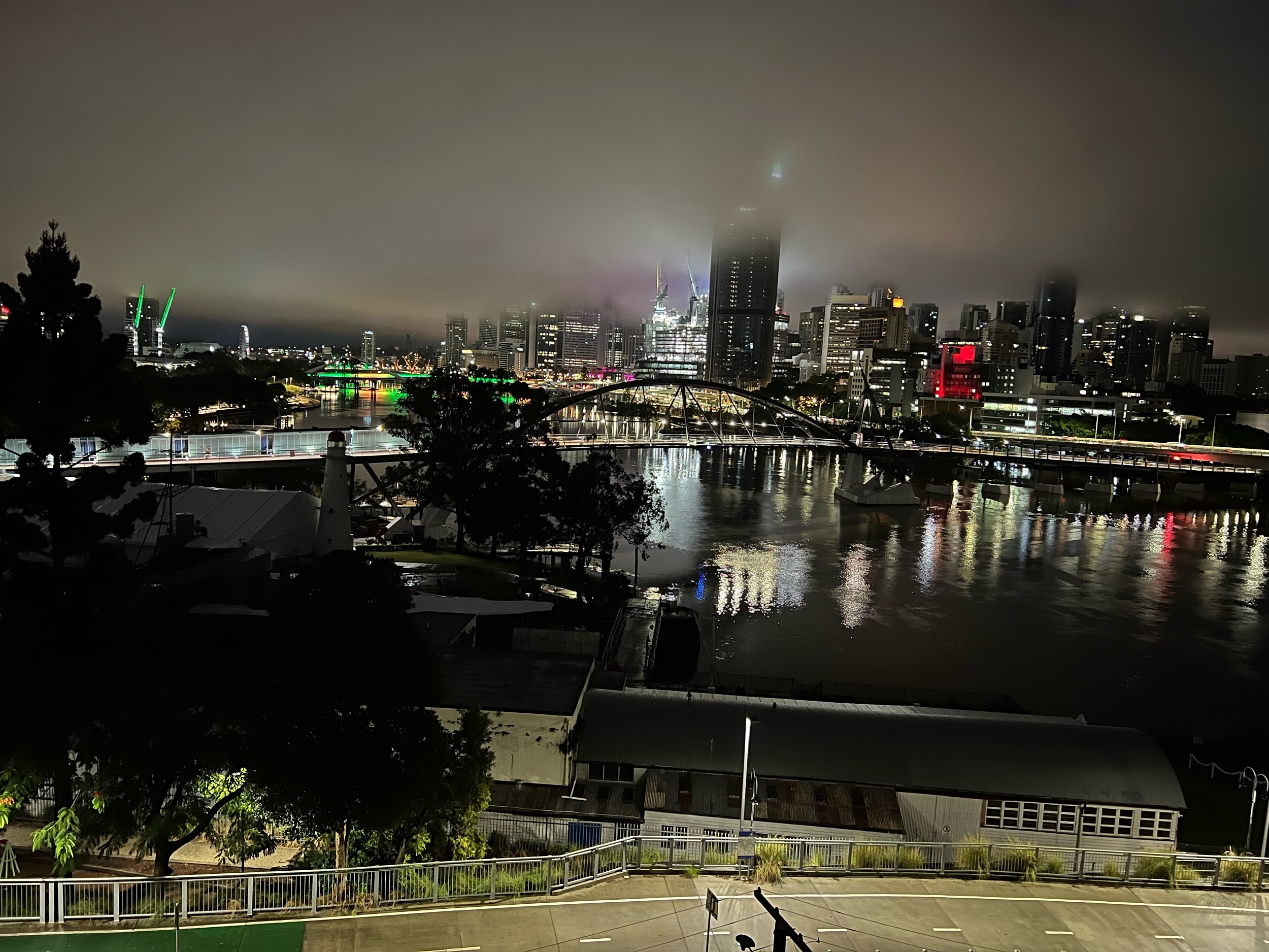 Brisbane CBD in rain as seen from South Bank