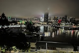 Brisbane CBD in rain as seen from South Bank