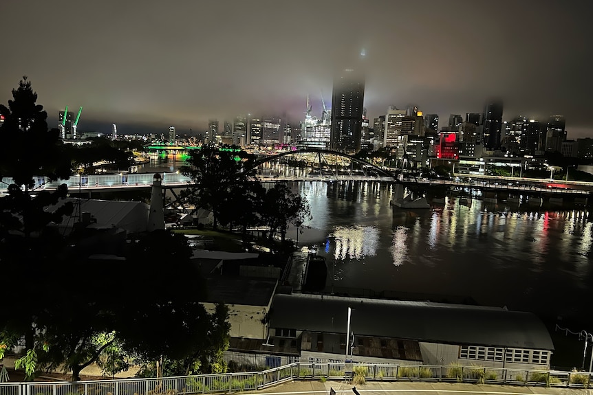 Brisbane CBD in rain as seen from South Bank